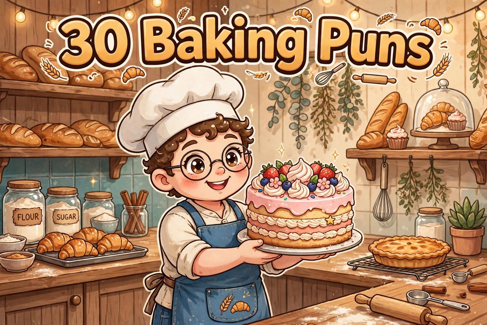 cute cartoon baker chef hat holding cake 30 baking puns typography bakery