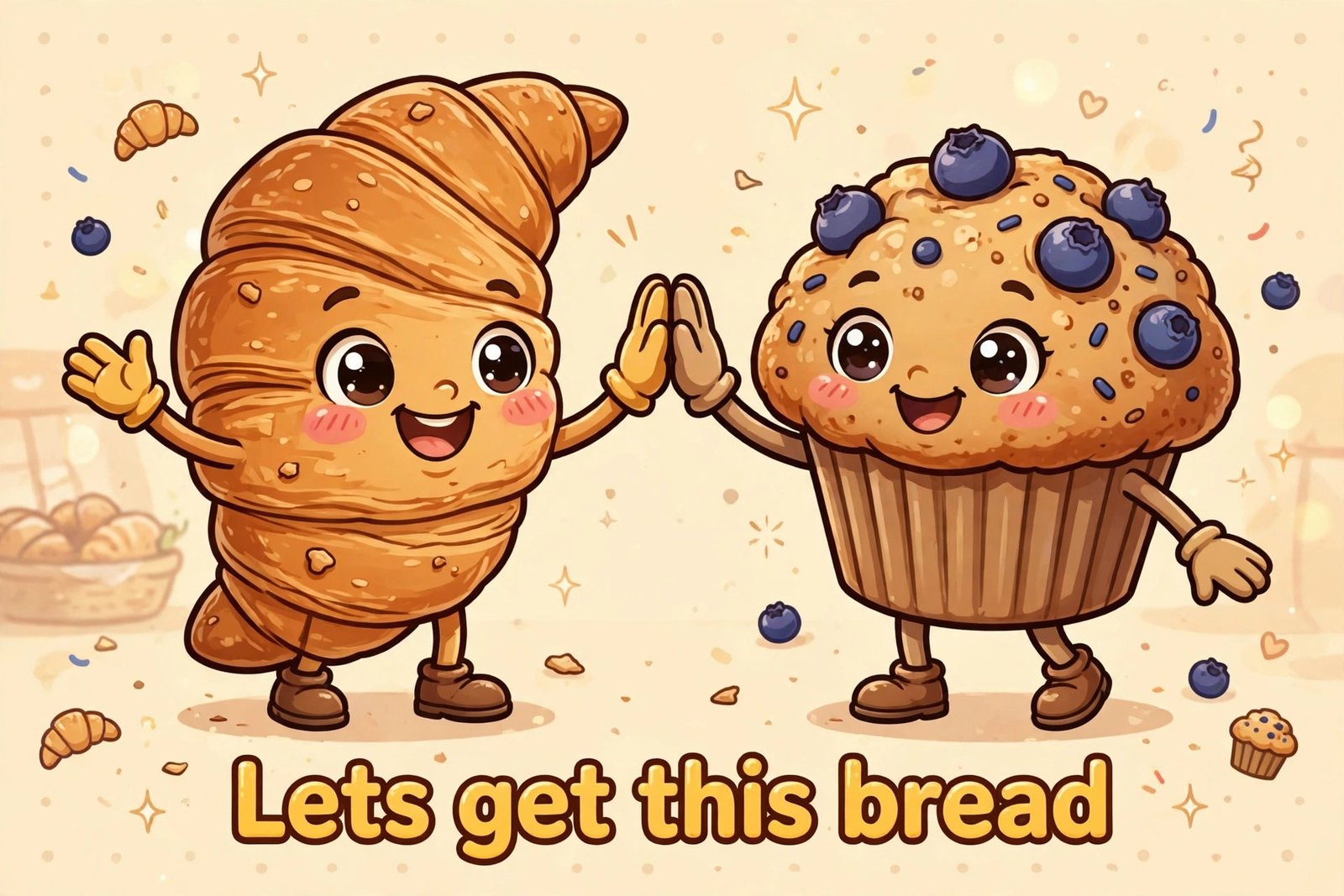 cartoon croissant muffin high five lets get this bread text
