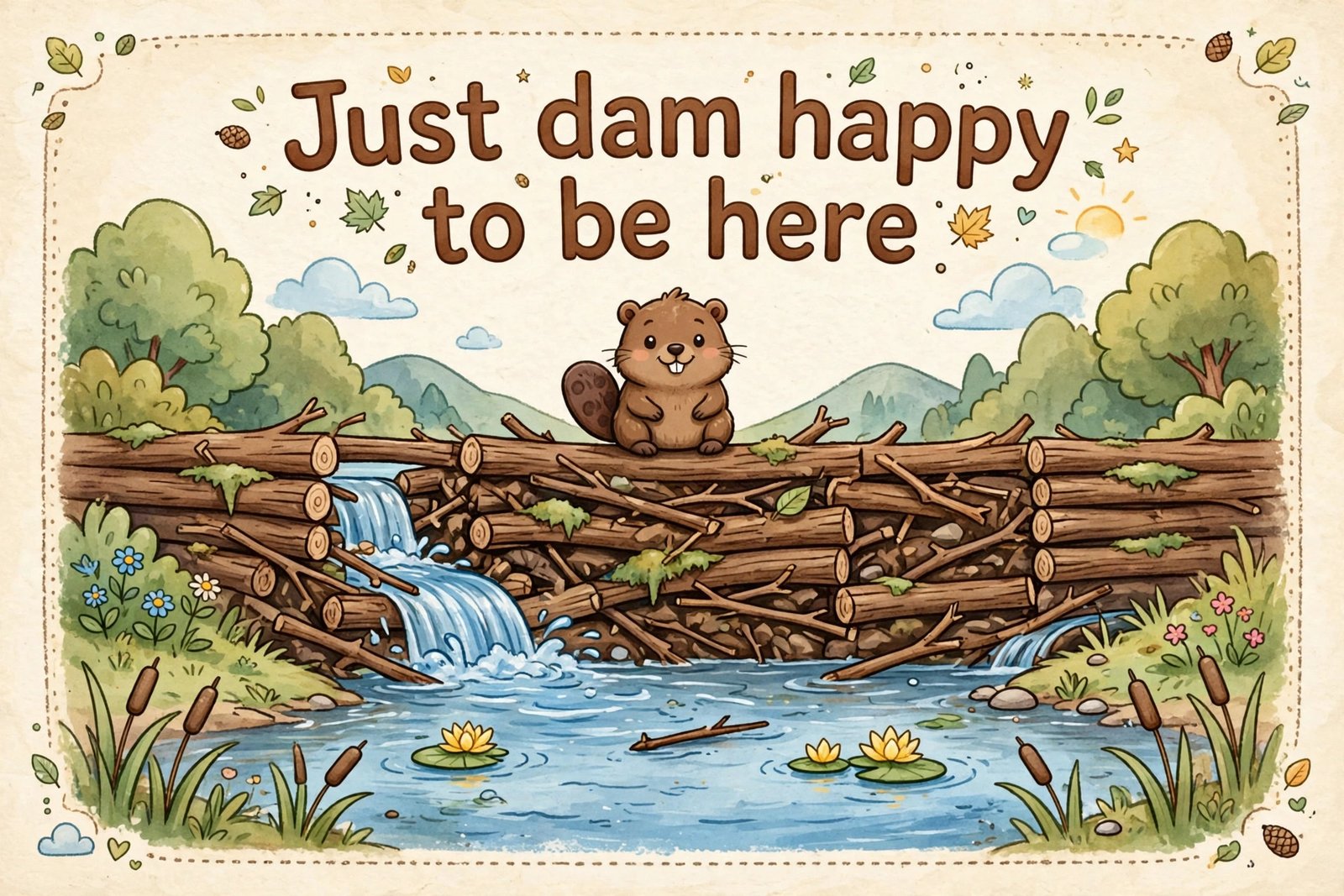 just dam happy to be here funny caption card beaver dam river