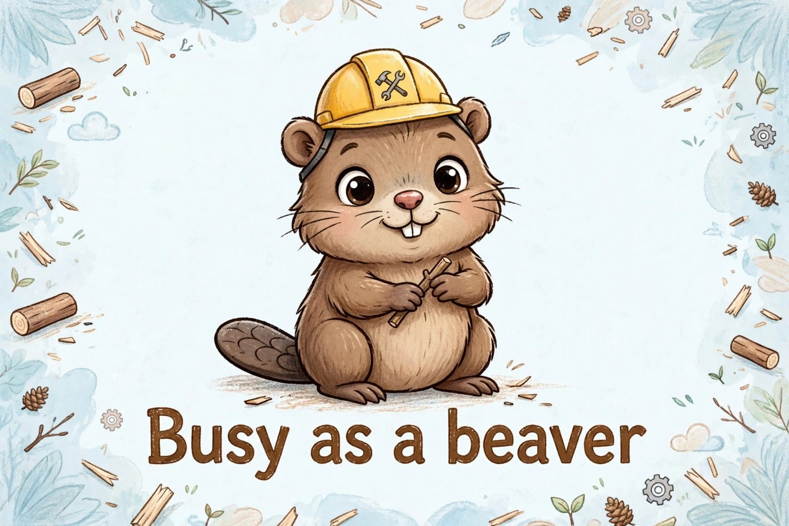 cartoon baby beaver hard hat busy as a beaver text