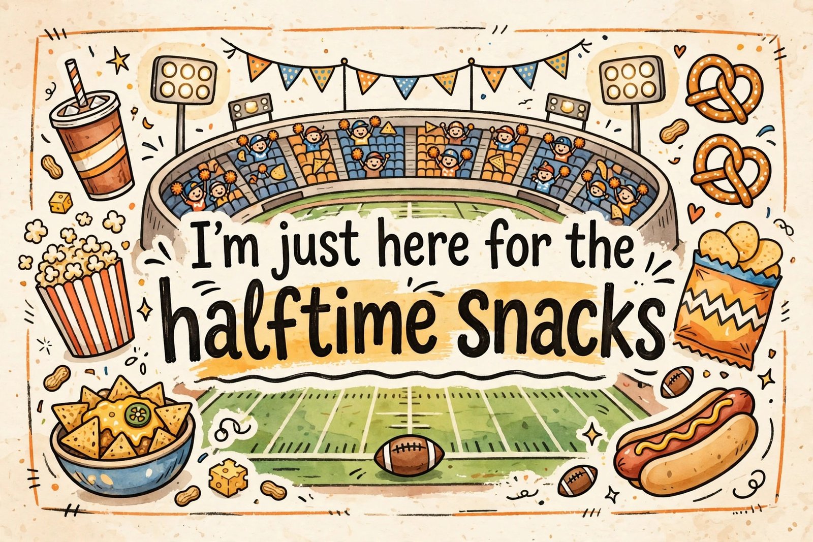 im just here for the halftime snacks funny caption card stadium
