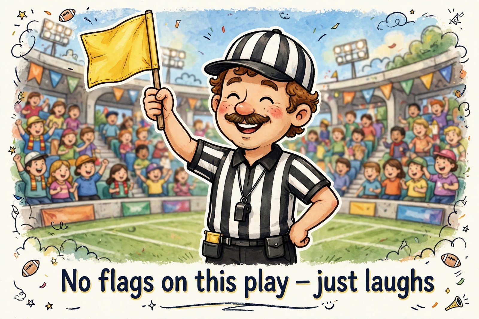 cartoon referee holding flag no flags just laughs text