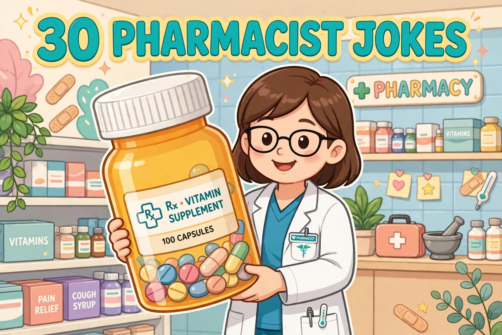 cute cartoon pharmacist white coat giant pill bottle 30 pharmacist jokes typography pharmacy