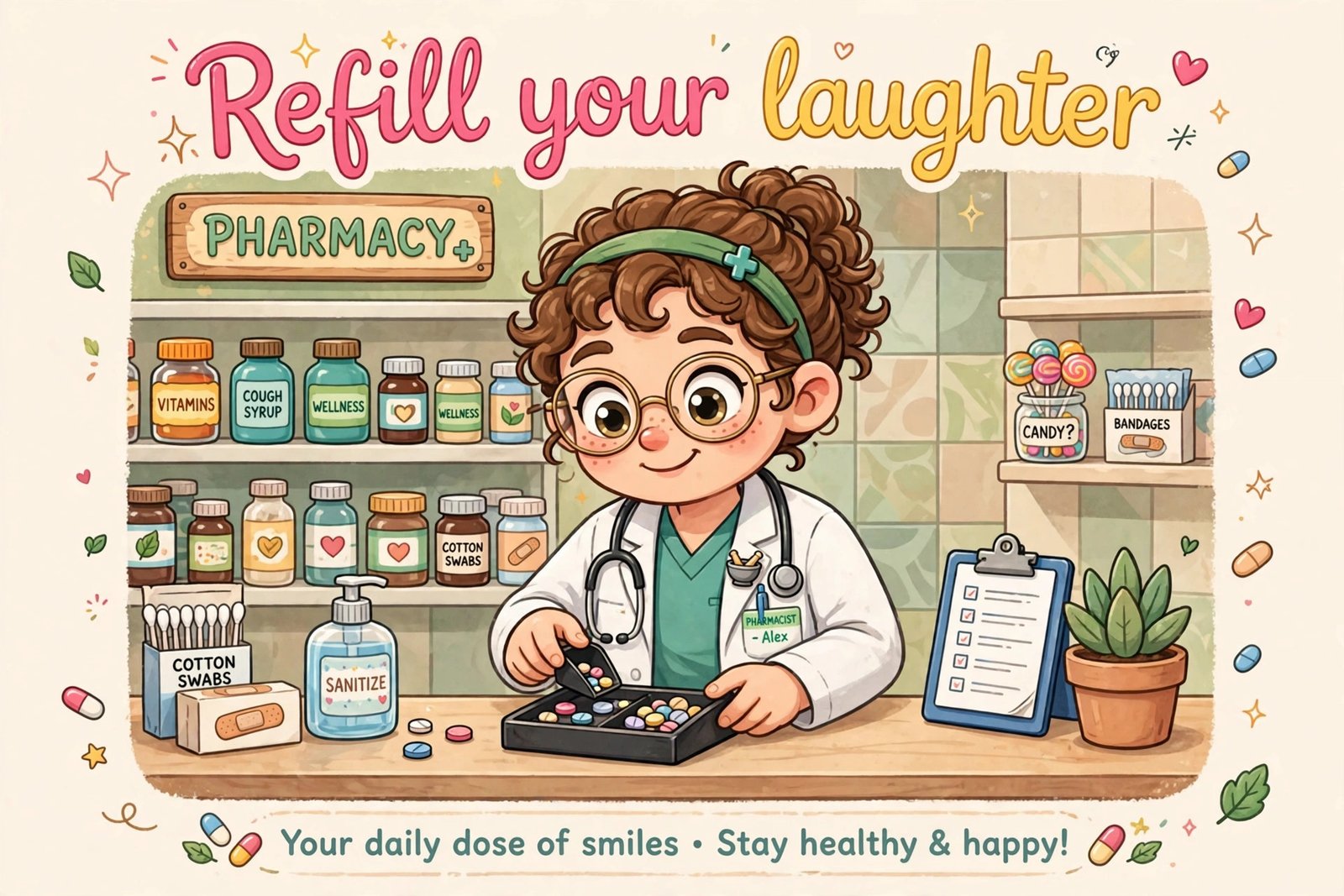 cartoon pharmacist counting pills counter refill your laughter text