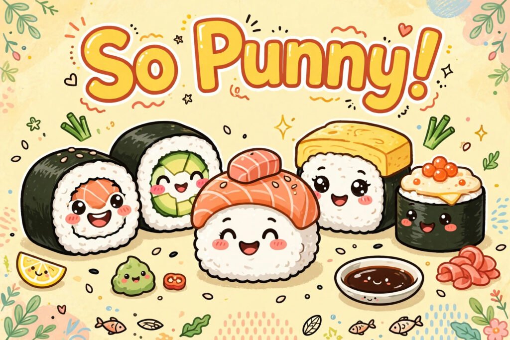 cute cartoon sushi rolls smiling so punny typography