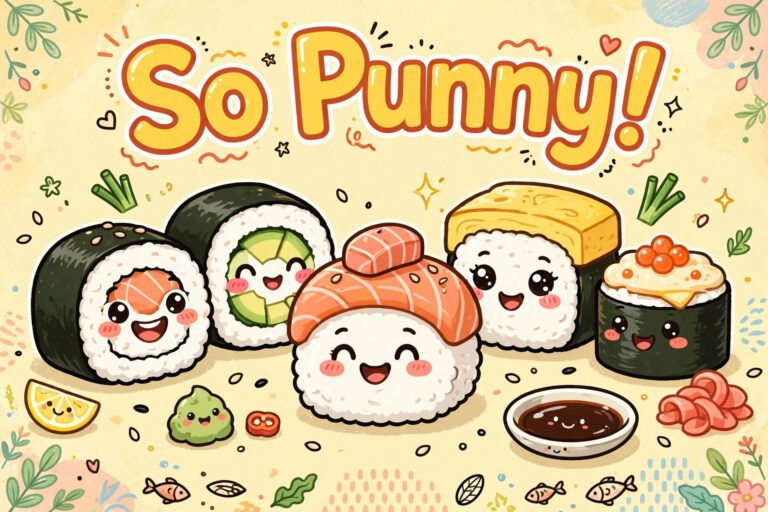 cute cartoon sushi rolls smiling so punny typography
