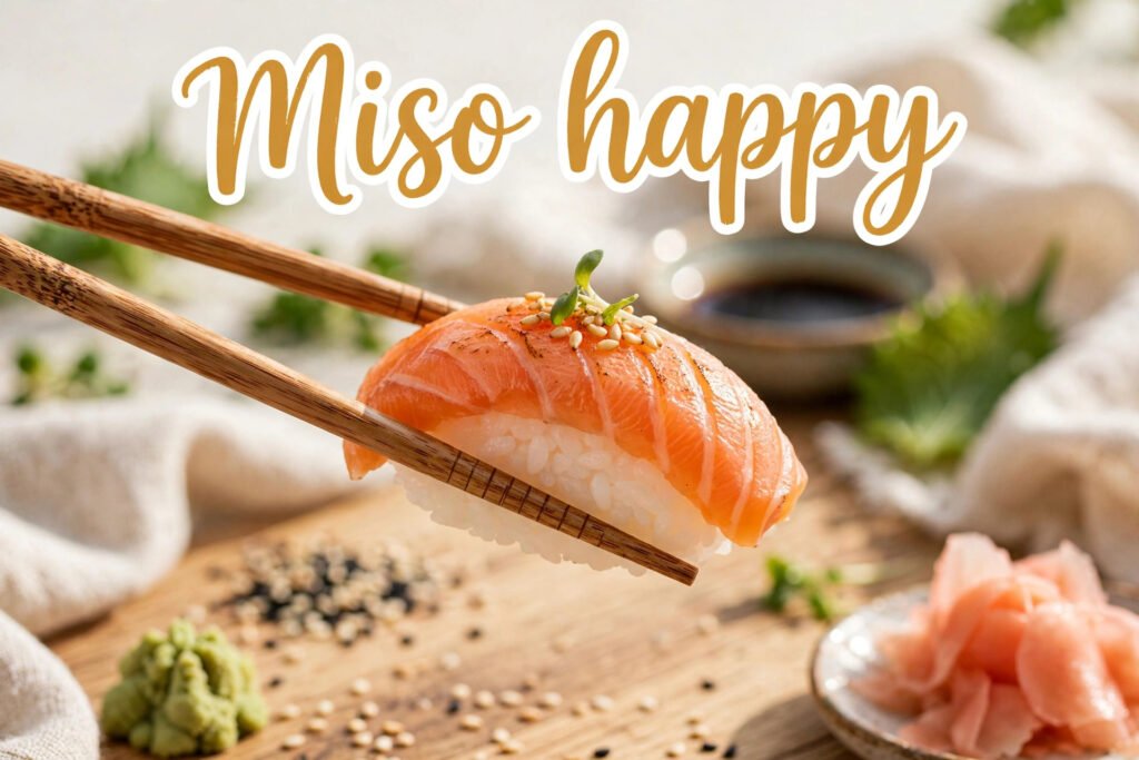 chopsticks holding sushi miso happy playful text