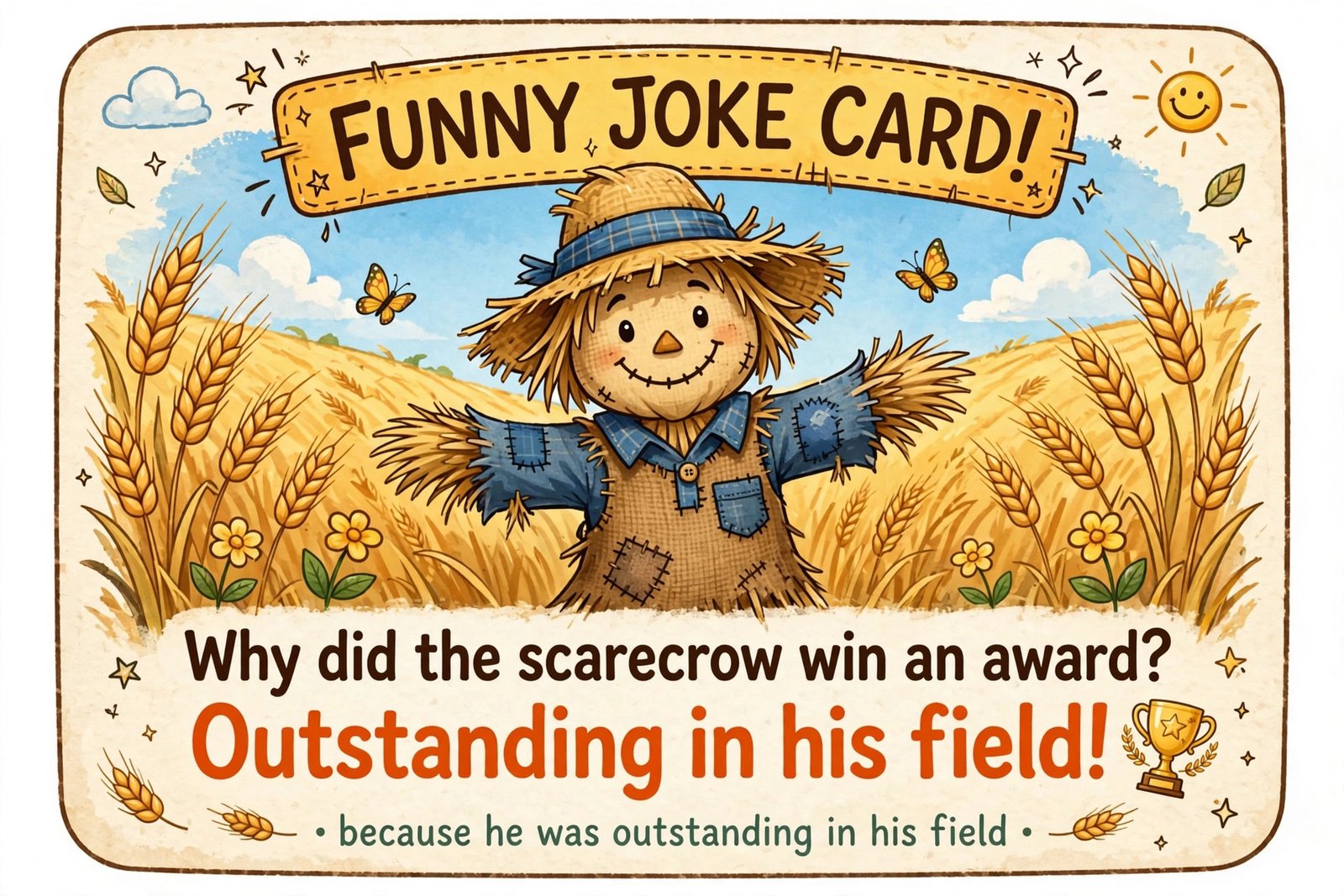scarecrow outstanding in his field joke card illustration