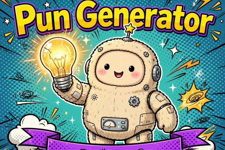 playful robot holding lightbulb pun generator typography comic style