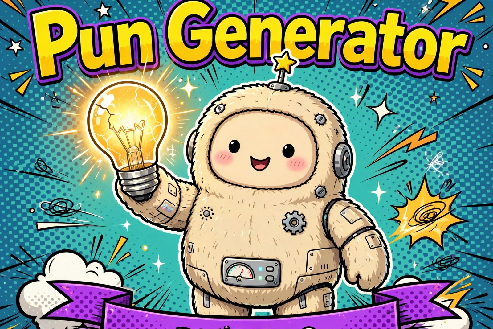 playful robot holding lightbulb pun generator typography comic style