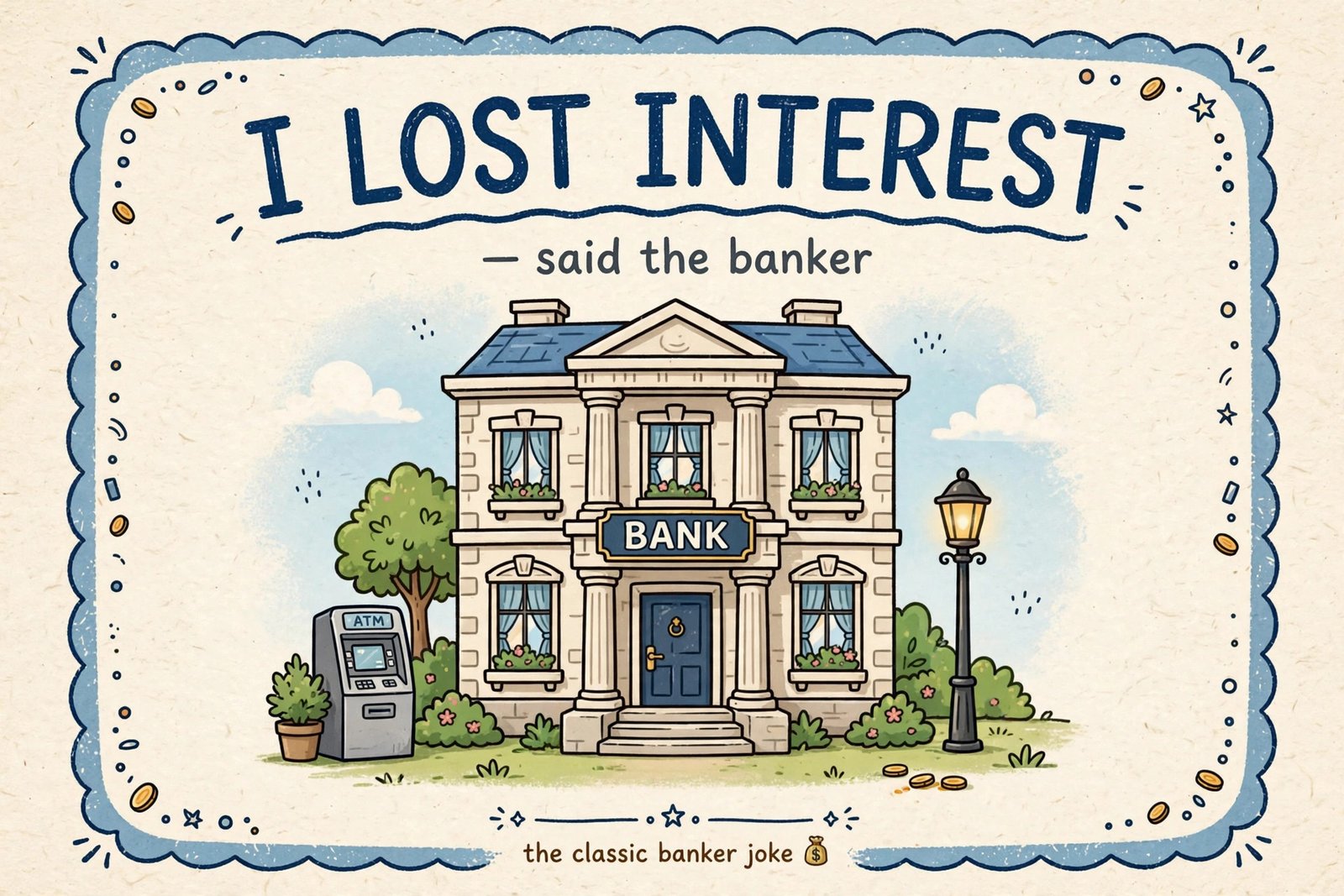 i lost interest said the banker joke card bank building cartoon