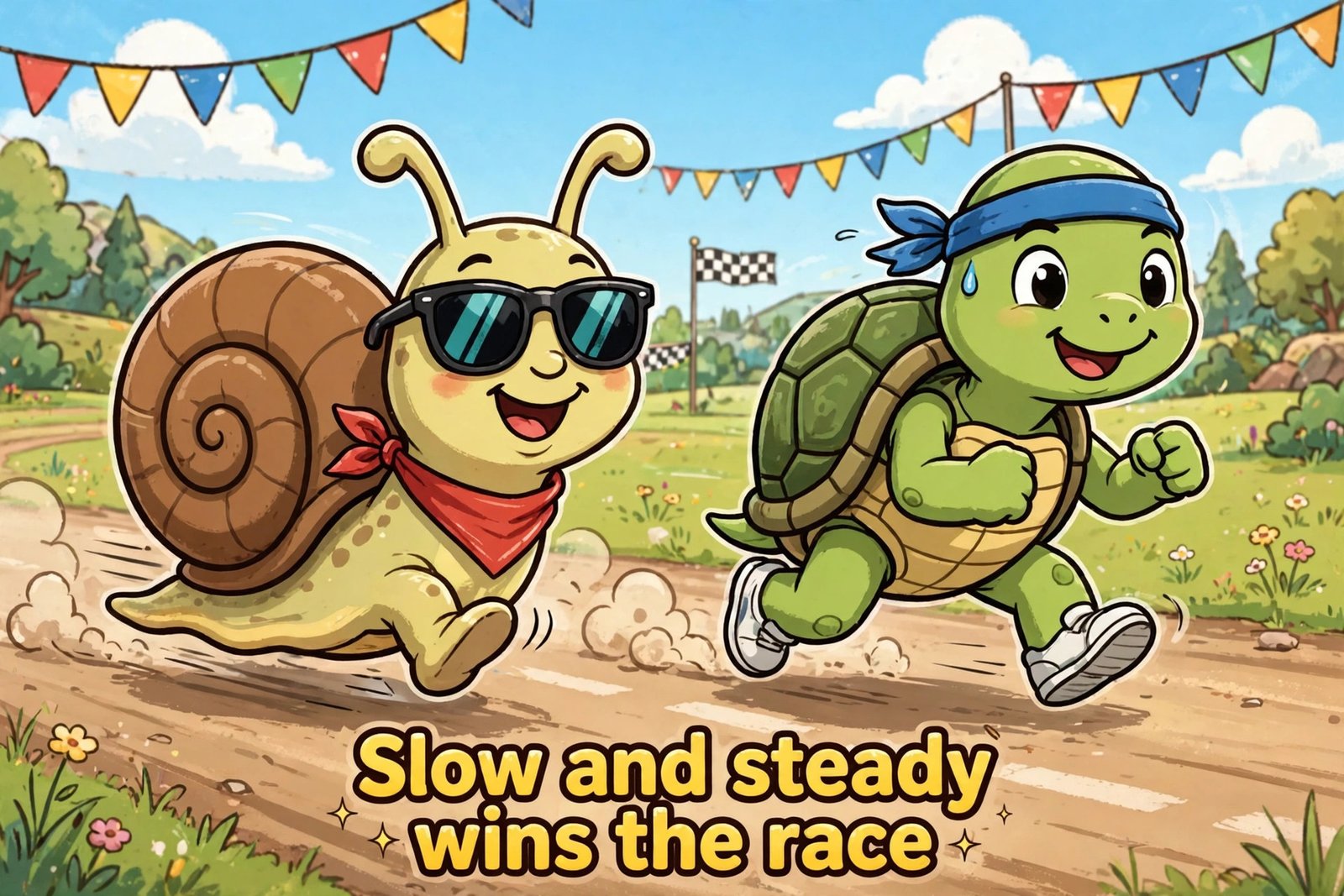 cartoon snail sunglasses racing turtle slow and steady text