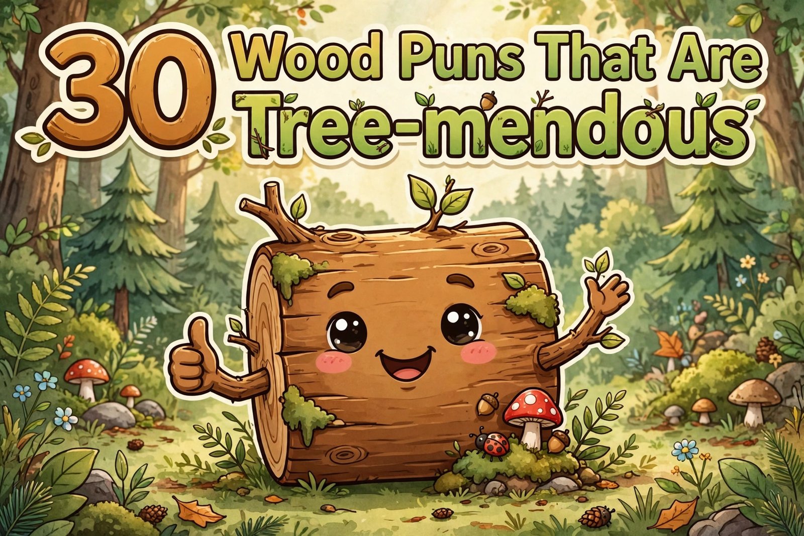cute cartoon log smiling 30 wood puns tree-mendous typography forest