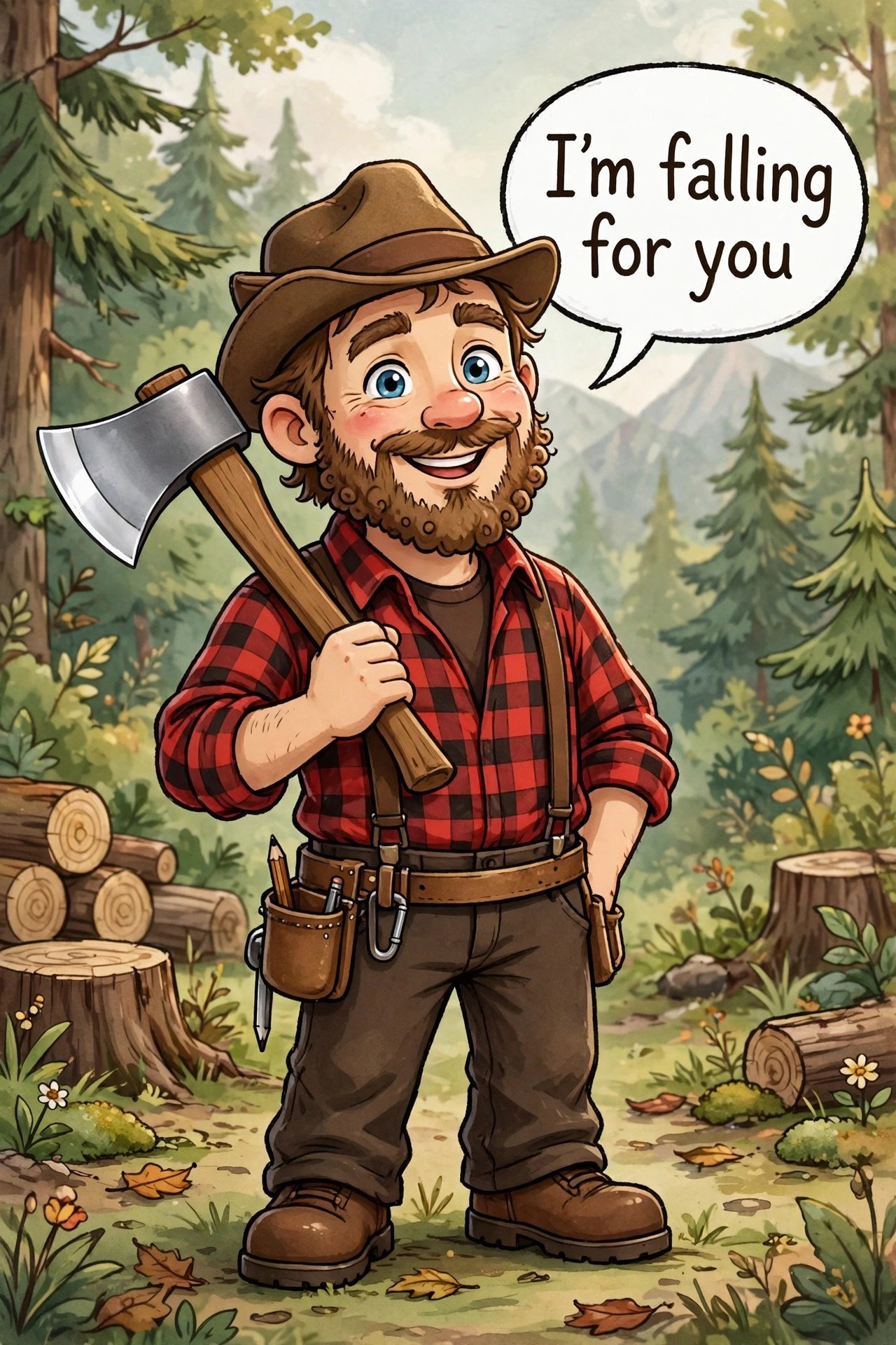 cartoon lumberjack axe im falling for you speech bubble